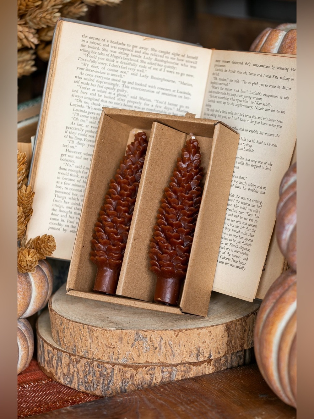 🆕 Tag Brand Brown Pinecone Decorative Taper Candles - Set of 2 NWT